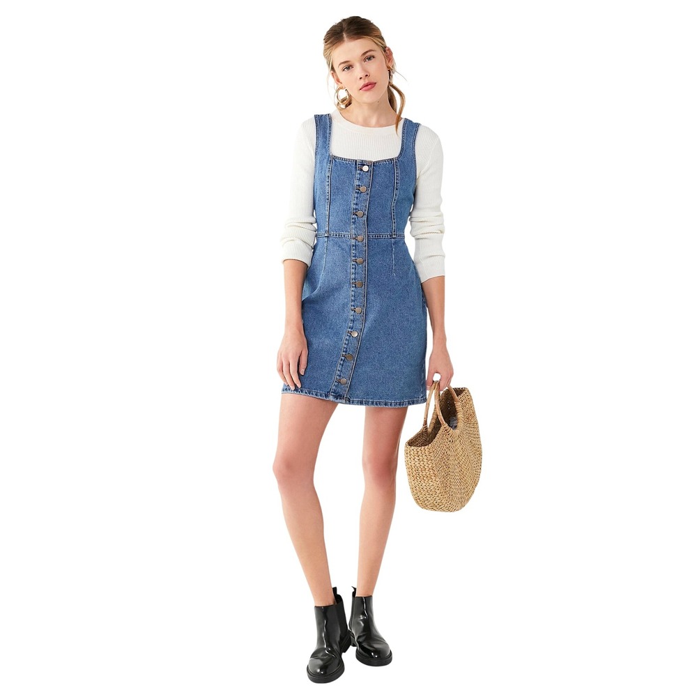 Urban Outfitters Denim Button Front A Line Dress Size 4 Blue Cotton Square Neck
